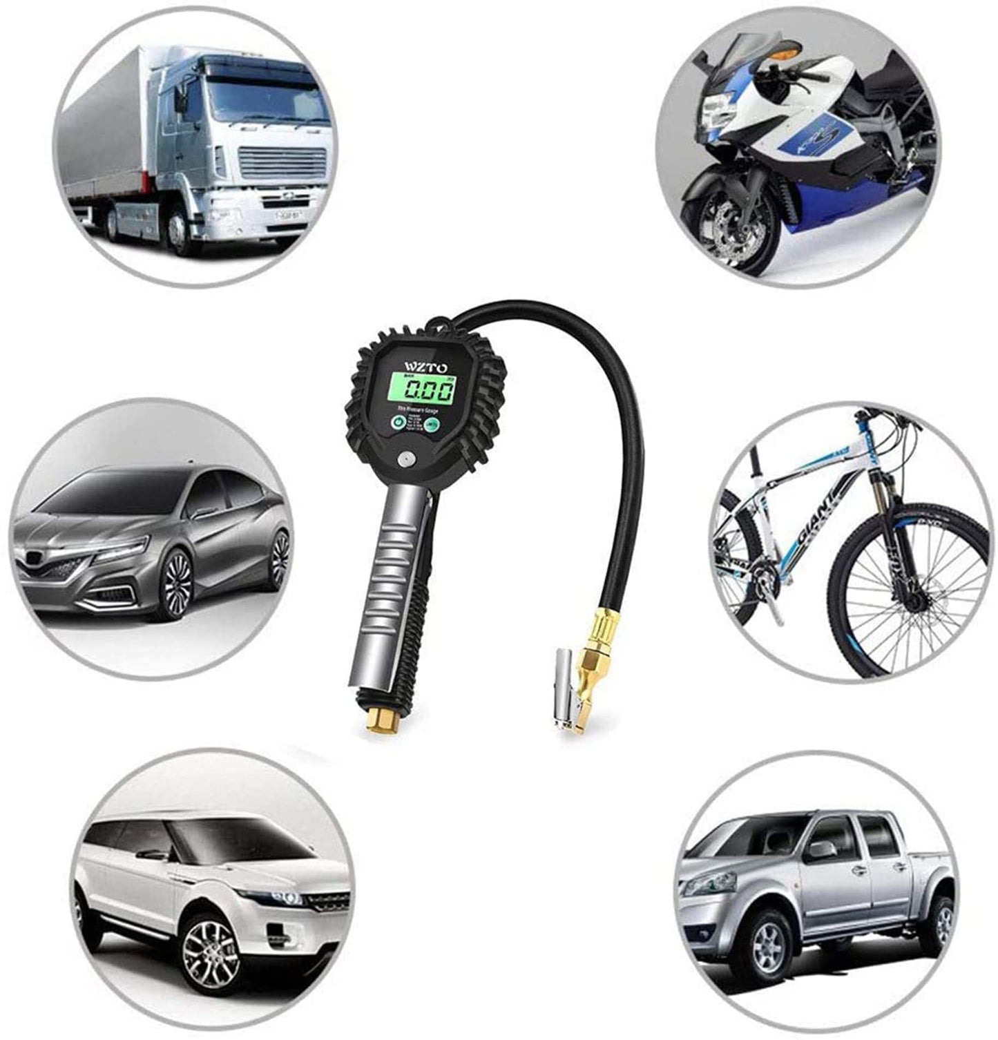 WZTO Digital Tire Pressure Gauge and Inflator, Calibrated air pressure gauge 255 PSI High Precision Tire Pressure Gauge with LCD screen for all vehicles, trucks, motorcycles (US & EU Standard Connection)