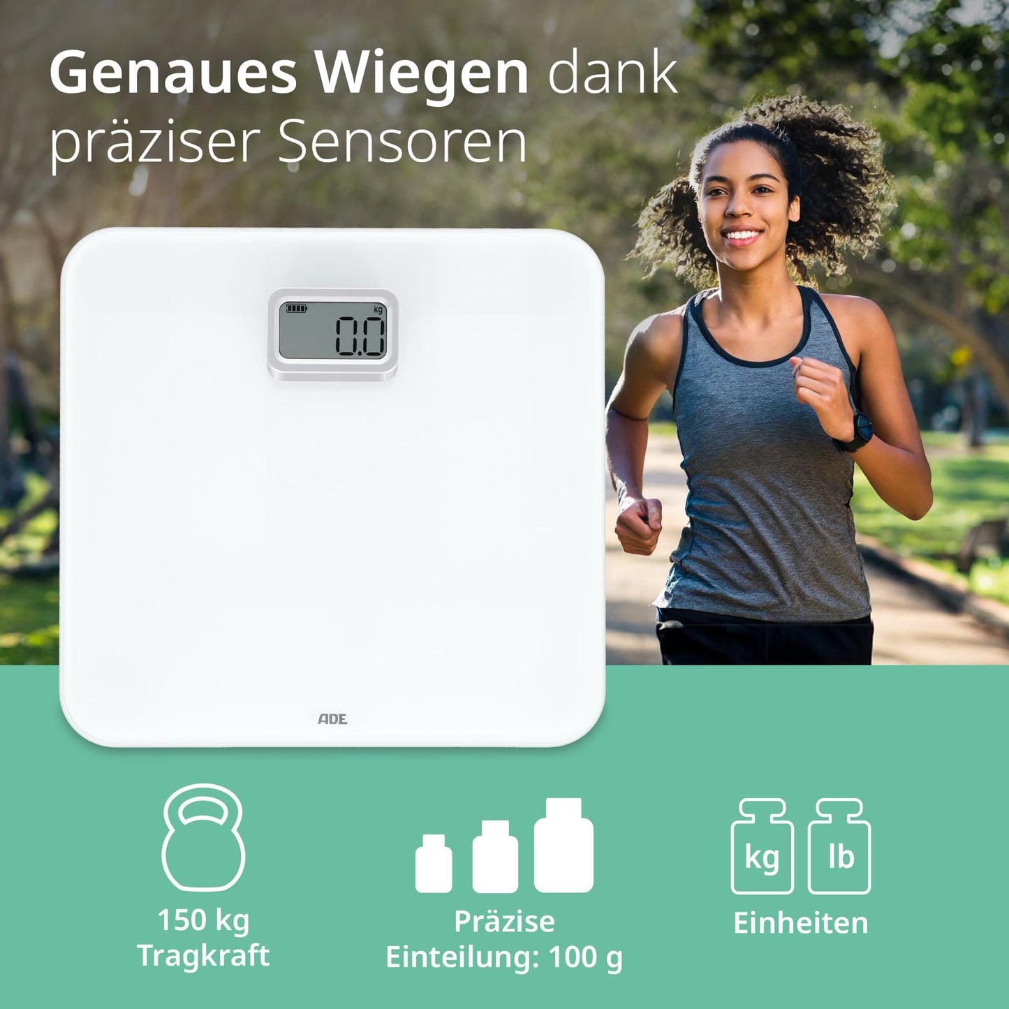 ADE Digital Personal Scale without Batteries | Environmentally friendly battery-free scale with dynamo | Sustainable body weight scale | up to 150kg | White
