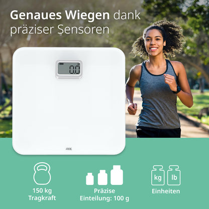 ADE Digital Personal Scale without Batteries | Environmentally friendly battery-free scale with dynamo | Sustainable body weight scale | up to 150kg | White