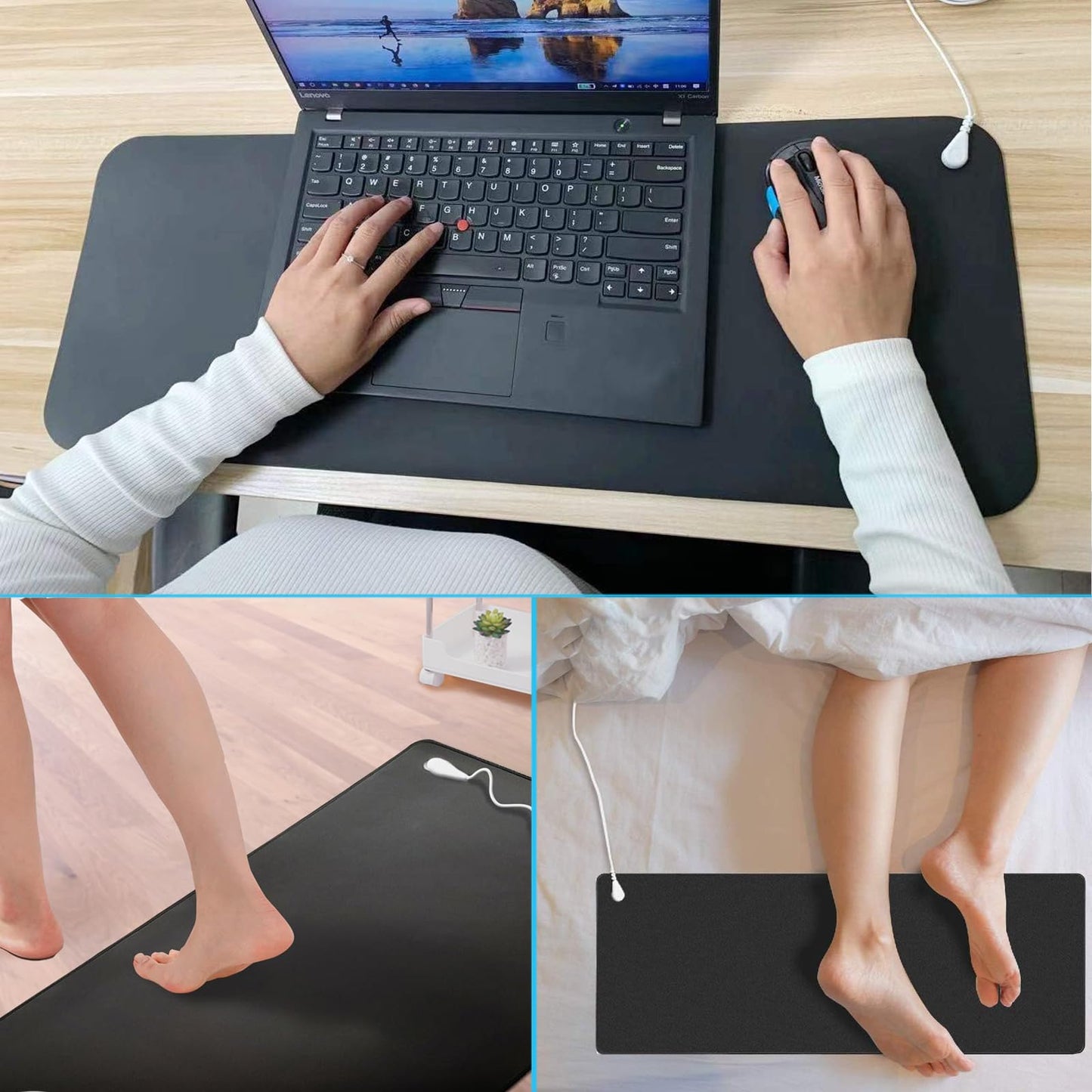 Grounding mat for feet, Grounding Mat, 68 x 25 cm mousepad with EU plug and cable for improved sleep, reduced anxiety, pain, inflammation, headaches.