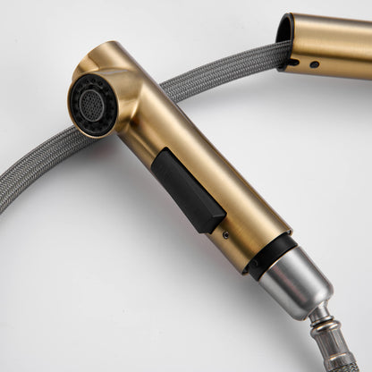 KINSE kitchen faucet with pull-out spray, stainless steel sink faucet kitchen, 2 spray modes, 360° swivel, brushed gold.