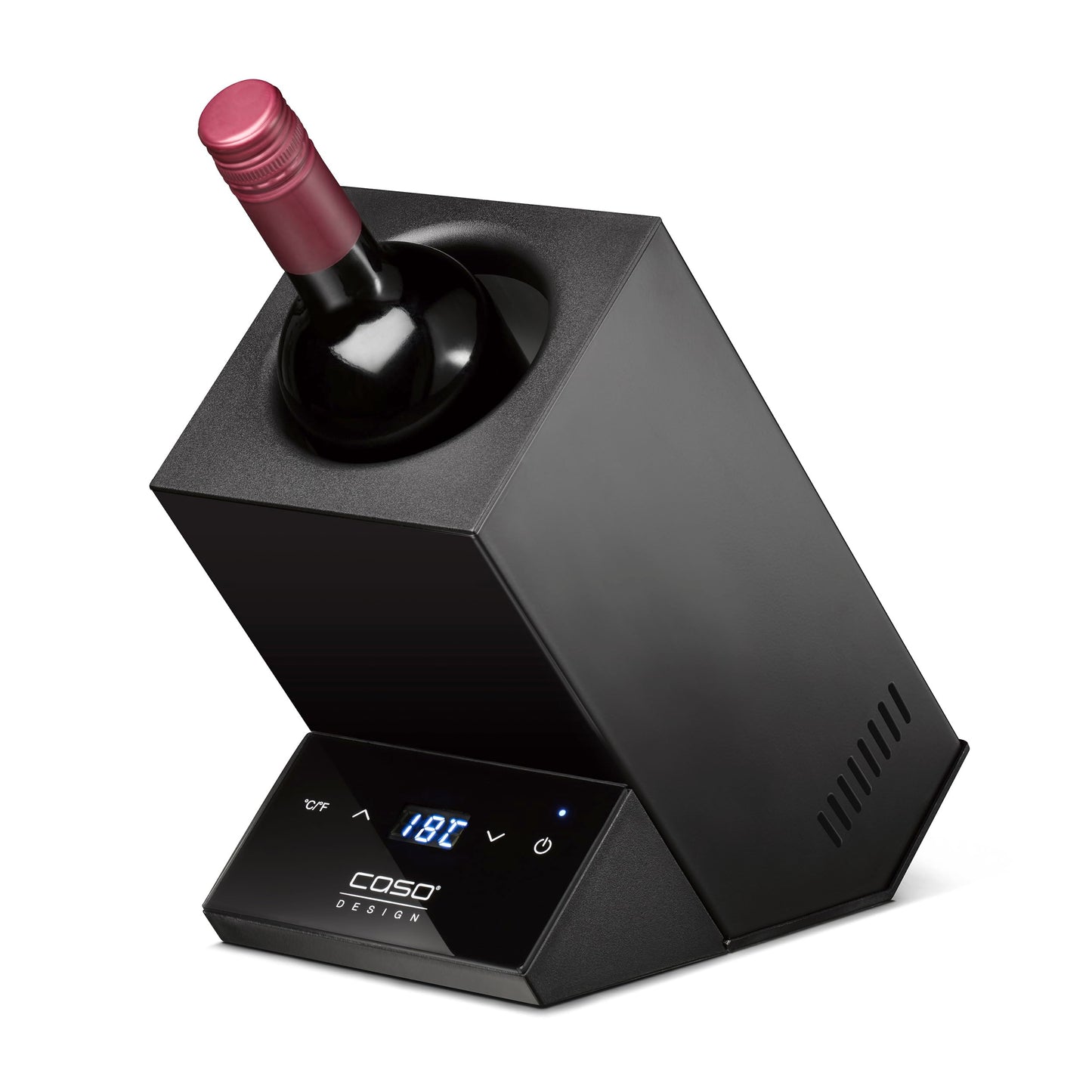 CASO WineCase One Black - Design wine cooler for one bottle, temperature range of 5-18°C, for bottles up to 9 cm Ø, sensor touch operation, black stainless steel casing.