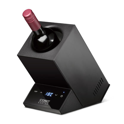 CASO WineCase One Black - Design wine cooler for one bottle, temperature range of 5-18°C, for bottles up to 9 cm Ø, sensor touch operation, black stainless steel casing.