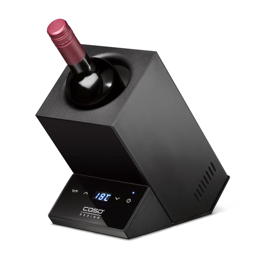 CASO WineCase One Black - Design wine cooler for one bottle, temperature range of 5-18°C, for bottles up to 9 cm Ø, sensor touch operation, black stainless steel casing.