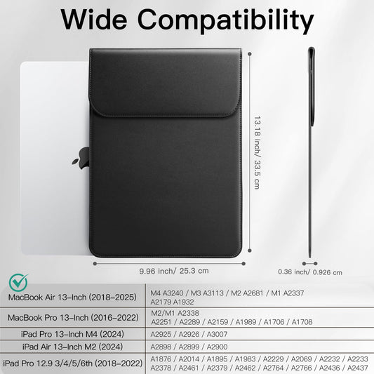 JETech Slim Laptop Sleeve Case for MacBook Air 13-inch (M4/M3/M2) 2022-2025, MacBook Pro 13-inch (M2/M1) 2016-2022, PU Leather Bag (Black)