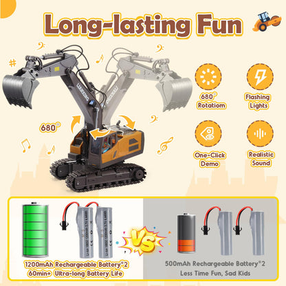 HappyGoLucky 1:20 Remote Controlled Excavator Toy For Boys Ages 3 4 5 6 7 8, 680° Rotating Rc Excavator With Lights Gift Boy 4 5 6 7 8 Years, Outdoor Toy Kids Toy For Ages 3-9 Years.