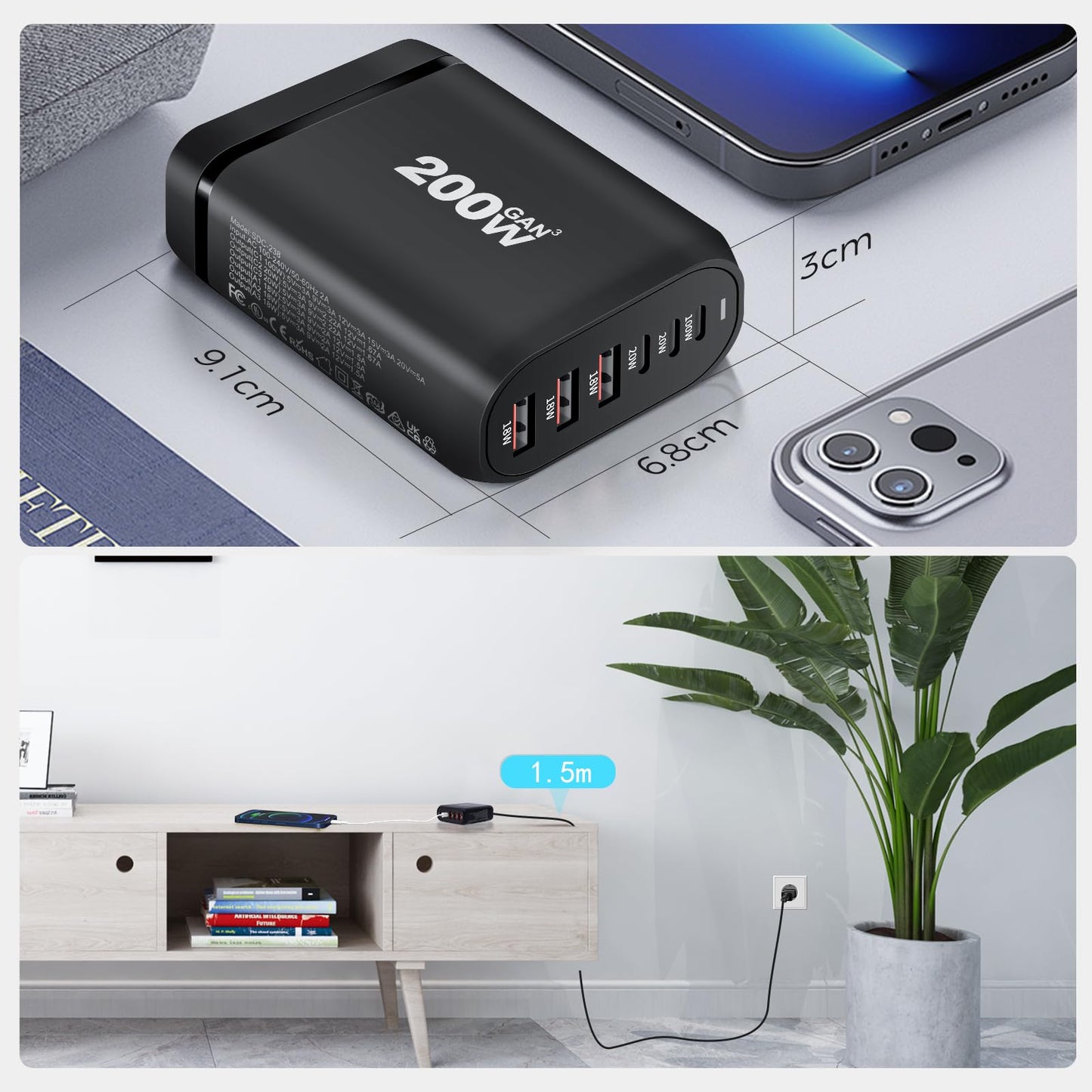 USB C Charger Multiple, 200W 6-Port GaN USB Fast Charger, PD USB C Power Adapter, QC Charger for MacBook Pro, iPad Pro, iPhone/Galaxy, Tablets, Mobile Phones Power Adapter Plug Charging Plug