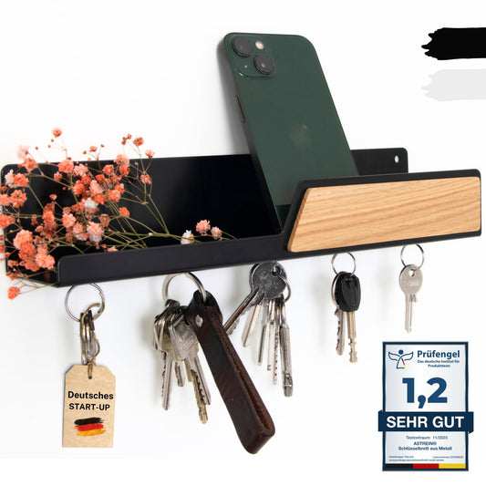 Astrein® | Magnetic key board | Wooden key rack | Oak | Key holder with shelf | Black metal key storage