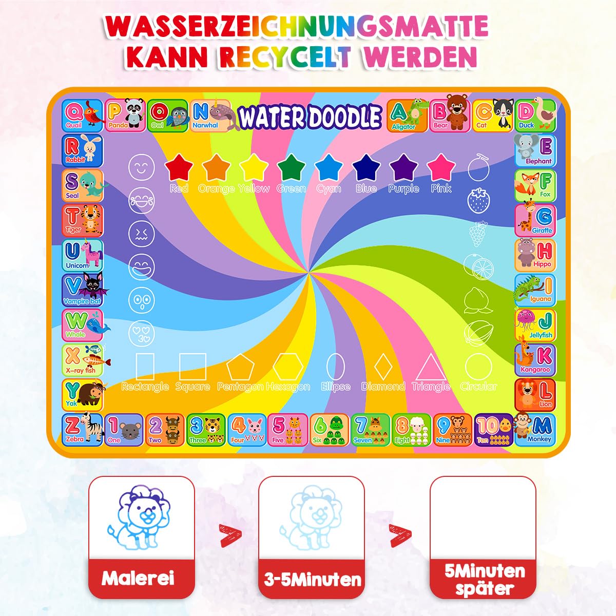 Aqua Magic Doodle Mat - Water Drawing Mat 100 * 70cm Kids, Large Magic Drawing Mat with Water Book, 4 Magic Pens, 8 Stamp Set Toy for 2 3 4 5 Year Old Girls Boys Gift