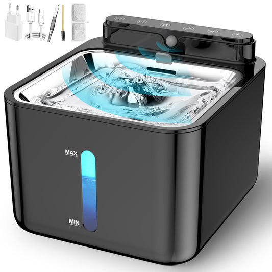 PLOOHT Cat Drinking Fountain Wireless, Cat Fountain with Motion Sensor, Cat Fountain Battery Operated 3.2L, Built-in 4000mAh Rechargeable Battery, with Quiet Pump and Filter, Black