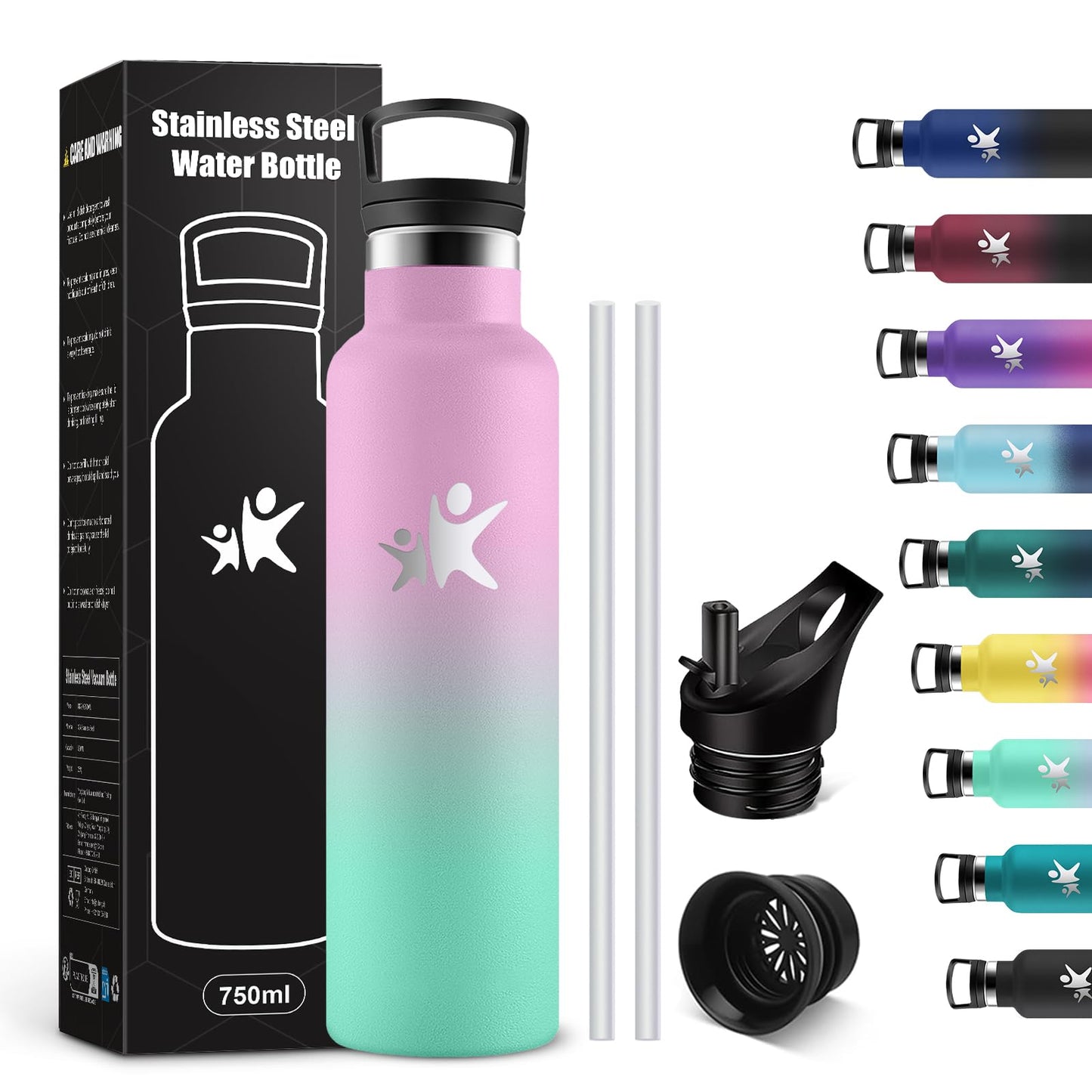 KollyKolla thermos bottle 750ml with straw, suitable for carbonated drinks, vacuum stainless steel insulated bottle, BPA-free, ideal for sparkling water, school, outdoor, adults.
