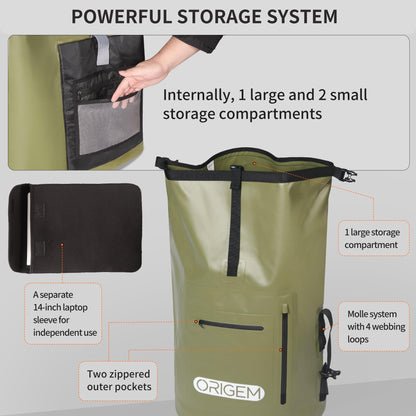 Origem Waterproof Backpack, 35L/55L/85L Rolltop Backpack Waterproof, Dry Bag with Laptop Insert for Kayaking, Fishing, Rafting, Diving, or everyday use.