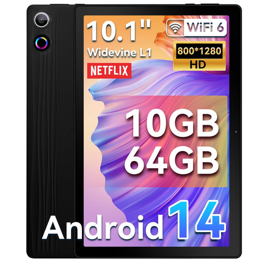 HotLight Tablet 10-inch Octa-Core processor, 10GB+64GB (TF 1TB), Spiritual Aura, WideVine L1, WiFi6, BT 5.3, 5000mAh, Android 14 tablet with USB OTG and Face Recognition, Black