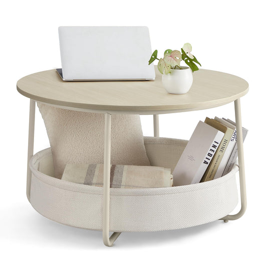 VASAGLE round coffee table with storage, side table, living room table with fabric basket, modern, metal frame, natural beige-cream LCT244K01