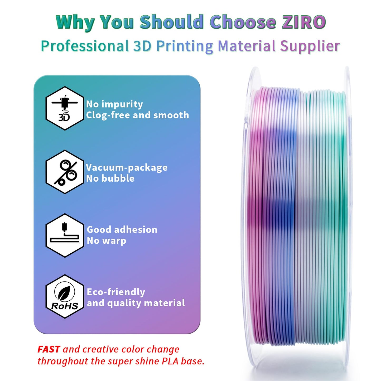 ZIRO Silk Multicolor 3D Printer Filament, Silk Rainbow PLA Filament 1.75mm, Fast Gradient PLA 1kg for Most 3D Printers, Dimensional Accuracy +/-0.03mm, Aqua Sky