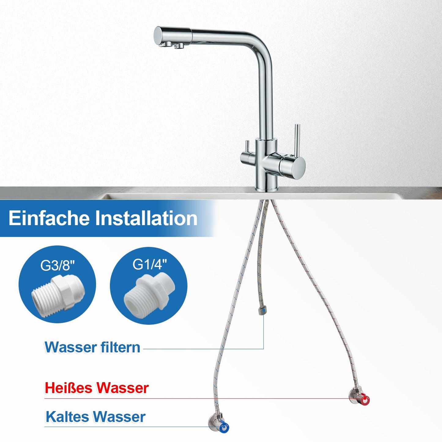 ROVOGO Kitchen Faucet 3 Way Water Filter Mixer Tap, Kitchen Tap for Hot, Cold and Drinking Water, 360° Rotatable Sink Faucet Stainless Steel with Double Lever and 3 Hoses, Chrome