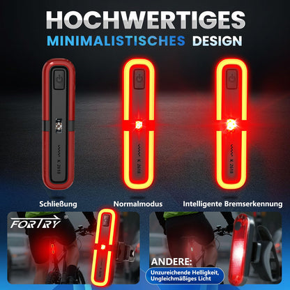 FORTRY bike light set with brake indicator function, StVZO approved bicycle lamp, LED bike lighting, IPX5 waterproof front and rear bike lights, USB Type C bike light