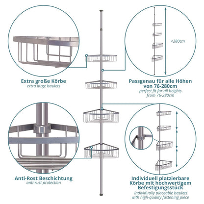 smartpeas telescopic shower caddy without drilling - 4 baskets - adjustable size from 76 to 280 cm - rubberized end caps - powder-coated steel with chrome finish + 2 adhesive hooks