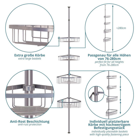 smartpeas telescopic shower caddy without drilling - 4 baskets - adjustable size from 76 to 280 cm - rubberized end caps - powder-coated steel with chrome finish + 2 adhesive hooks