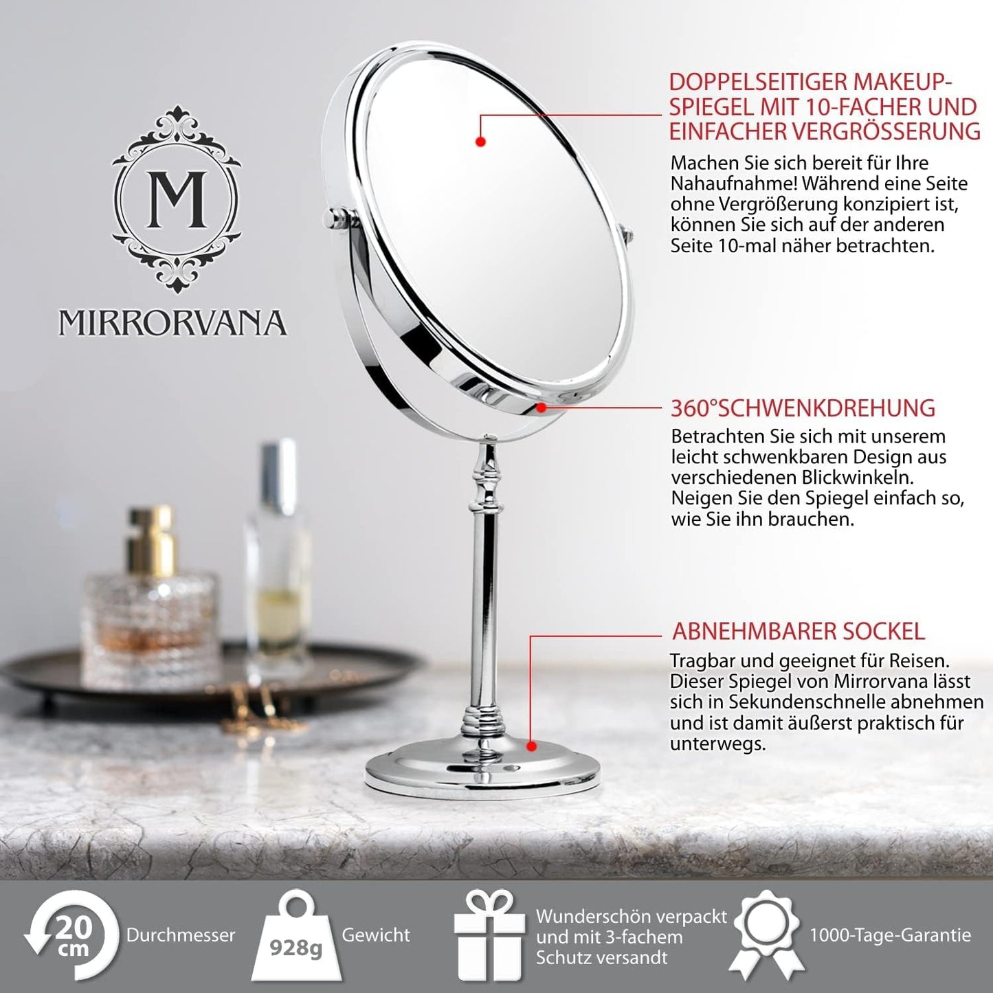 Mirrorvana cosmetic mirror with 10x magnification, double-sided tabletop mirror 360° swivel, makeup mirror 10x and 1x for bathroom, standing mirror 20 cm