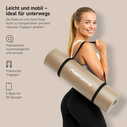 MSPORTS Gymnastics Mat Premium including carrying strap + exercise poster + workout app I Skin-friendly fitness mat 190 x 60 x 1.5 cm - Beige-Caramel - Phthalate-free yoga mat