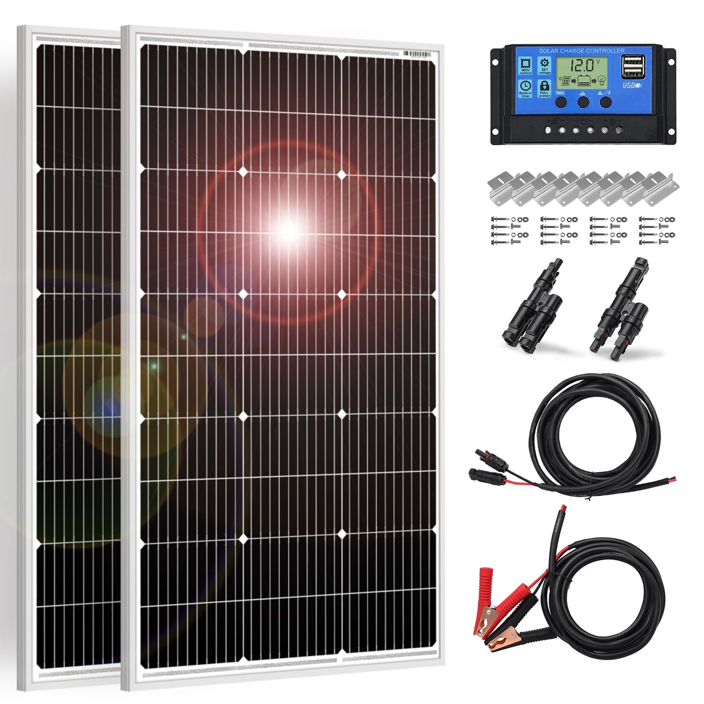 DOKIO Solar Panel 100W 2PCS (200W) 18V Monocrystalline (High Efficiency) For 12V Car Battery, AGM, Gel Battery ideal for RV, Camping, Garden House