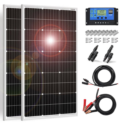 DOKIO Solar Panel 100W 2PCS (200W) 18V Monocrystalline (High Efficiency) For 12V Car Battery, AGM, Gel Battery ideal for RV, Camping, Garden House