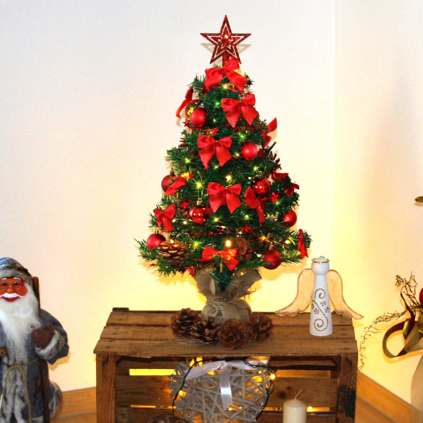 Artificial Christmas tree (WBD) 90 cm green with red Christmas decorations and LED fairy lights with battery box and remote control small artificial fir tree