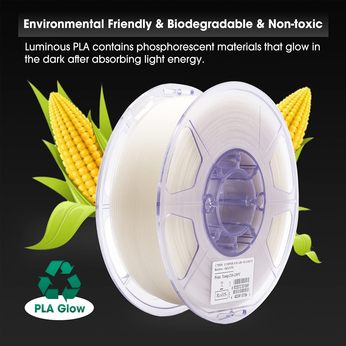 eSUN PLA Glow in the Dark 3D Printer Filament, Glow in the Dark Rainbow Filament 1.75mm, 1kg spool (2.2 LBS) 3D Printing Filament for 3D Printers, Glow in the Dark Rainbow Multicolor.