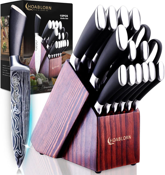 HOABLORN 15-piece Professional Knife Set with Knife Block, Sharp Stainless Steel Chef's Knives, Kitchen Utensil Set for Housewarming Wedding Gift