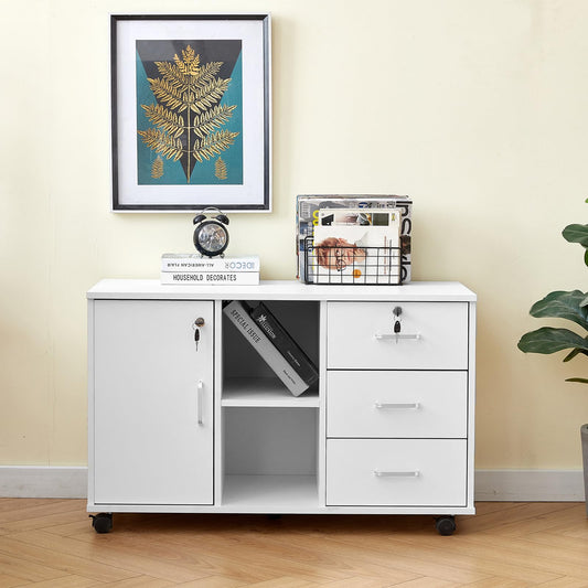 OFCASA Mobile File Cabinet with 3 drawers, lockable office rolling cabinet with wheels, 1 door, 2 shelves, 2 locks, white wood, storage cabinet for Home Office, 90 x 40 x 55 cm