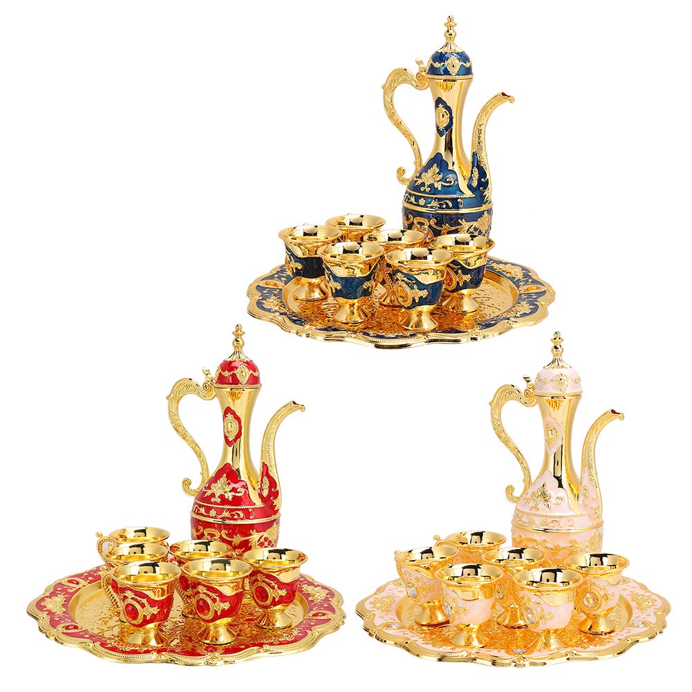 Turkish coffee set, 6-piece metal tea service with tray and gold decoration for traditional tea ceremony household accessories.