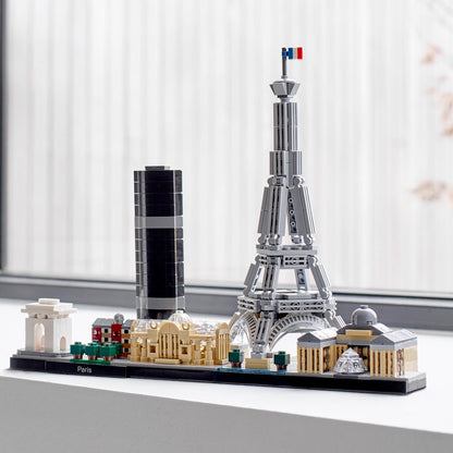 LEGO Architecture Paris, model kit featuring Eiffel Tower, Champs-Élysées, and Louvre model. Skyline collection for home or office decor. Great gift idea for collectors, men, and women. Item number 21044.