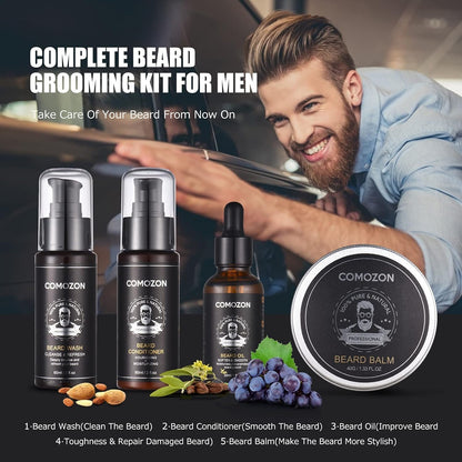Comozon 12-in-1 Beard Care Set with Beard Roller, Beard Growth Kit with Beard Shampoo Beard Oil Beard Balm Razor Beard Brush Beard Comb Beard Scissors, Gifts for Husband, Boyfriend, and Dad
