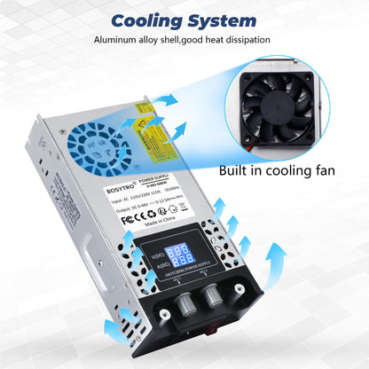 BOSYTRO Adjustable Power Supply 0-48V 0-12.5A 600W Switching Power Supply Transformer Power Supply 230v to 48v SMPS for LED strips, CCTV, 3D printers, radio, camera, lab power supply.