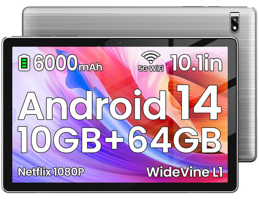 Tablet: Android Tablet - 2025 Android 14 Tablet Latest 10.1-inch Tablets 10GB + 64GB +1TB Expansion, Widevine L1, 2.4G + 5G Wi-Fi 6, 2MP + 8MP, Bluetooth 5.0, 1280 * 800 FHD IPS Grey