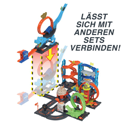 Hot Wheels City T-Rex Attack - Skill through precise timing, police station, loop, dinosaur, cross-eyed, for kids ages 4 and up, HNP77
