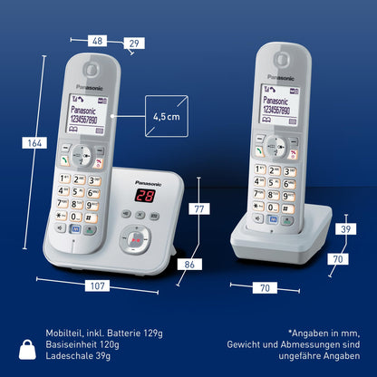 Panasonic KX-TG6822GS DECT cordless telephone with answering machine (low radiation, eco mode, GAP phone, landline, call block, duo) pearl-silver.