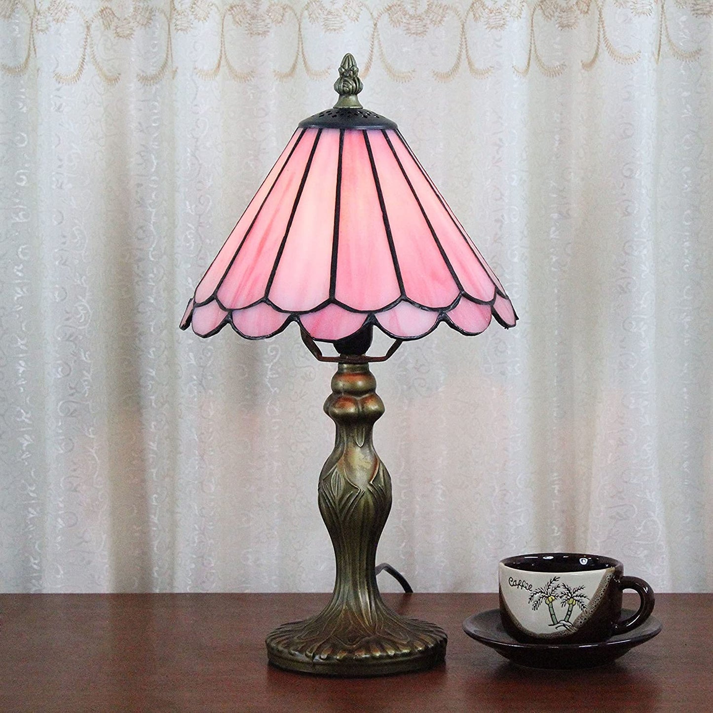 Kinbolas Tiffany Style 8 inch Table Lamp Pink Series Stained Glass Lamp Shades Small Bedside Lamp Reading Antique Desk Lamp Living Room Bedroom Office Vintage Art Deco Victorian