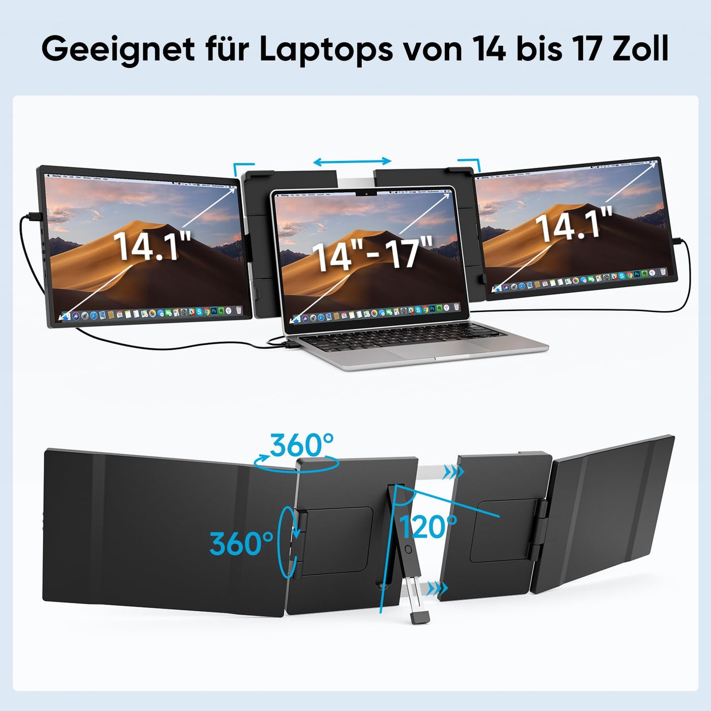 2025 Newest Laptop Screen Extender, 14.1" FHD 1200P IPS Display laptop screen extension, Plug & Play Triple Monitor, compatible with 14"-17" for Windows, Mac, Android, Chrome