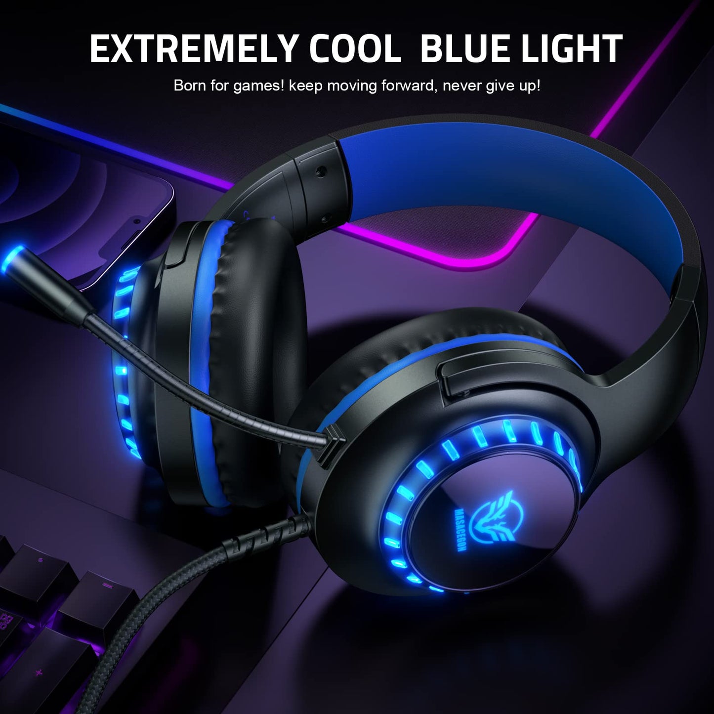 Pacrate Gaming Headset for PS4/PS5/Xbox One/PC/Nintendo Switch, PS4 headphones with cable Xbox headset with microphone, Noise Cancelling PS5 headset with LED lights - Blue