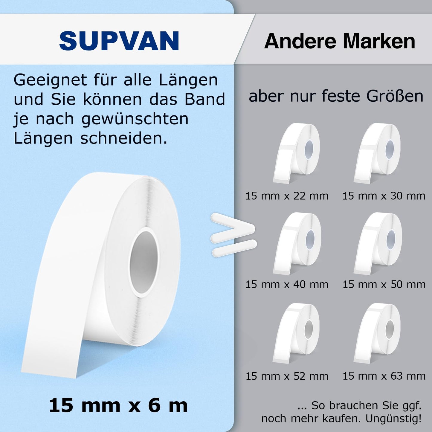 SUPVAN E10 label printer with waterproof self-adhesive labels (15 mm x 6 m), portable Bluetooth labeler suitable for home, school, office use, in white color.