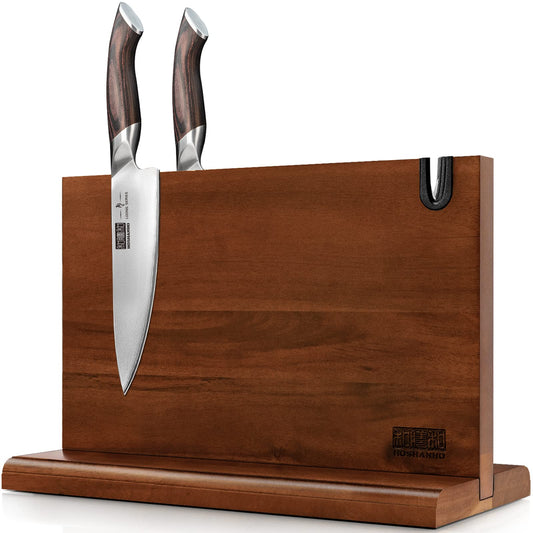 HOSHANHO Magnetic Knife Block with Sharpener, Double-Sided Strong Magnetic Knife Holder, Natural Acacia Wood Magnetic Knife Holder for Kitchen