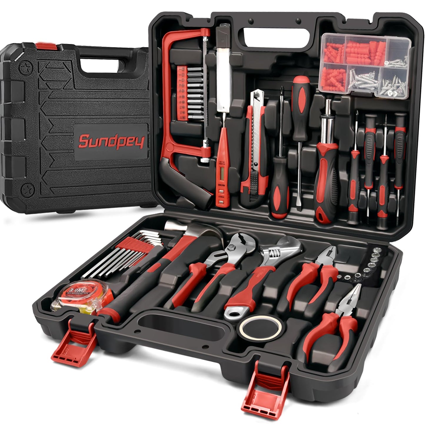 Sundpey Tool Set 148pcs - Household tool box with ratchet screwdriver, hex key, pliers & voltage tester for Men and Women Red