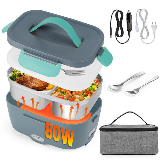 Electric Lunch Box Food Warmer Car 3 In 1 (12V/24V/220V) 1.5L with Fork Spoon 80W Removable Stainless Steel Heating Lunch Box Electric Lunch Box Portable Insulated Container for Truck Home Camping