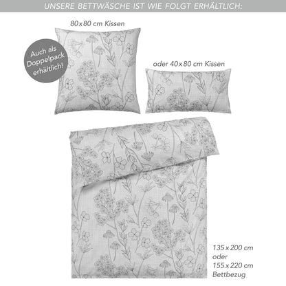 Pure label floral bedding 155x220 cm with one pillowcase 80x80 cm - Dreamily soft bedding set in grey made of 100% cotton with YKK zipper.