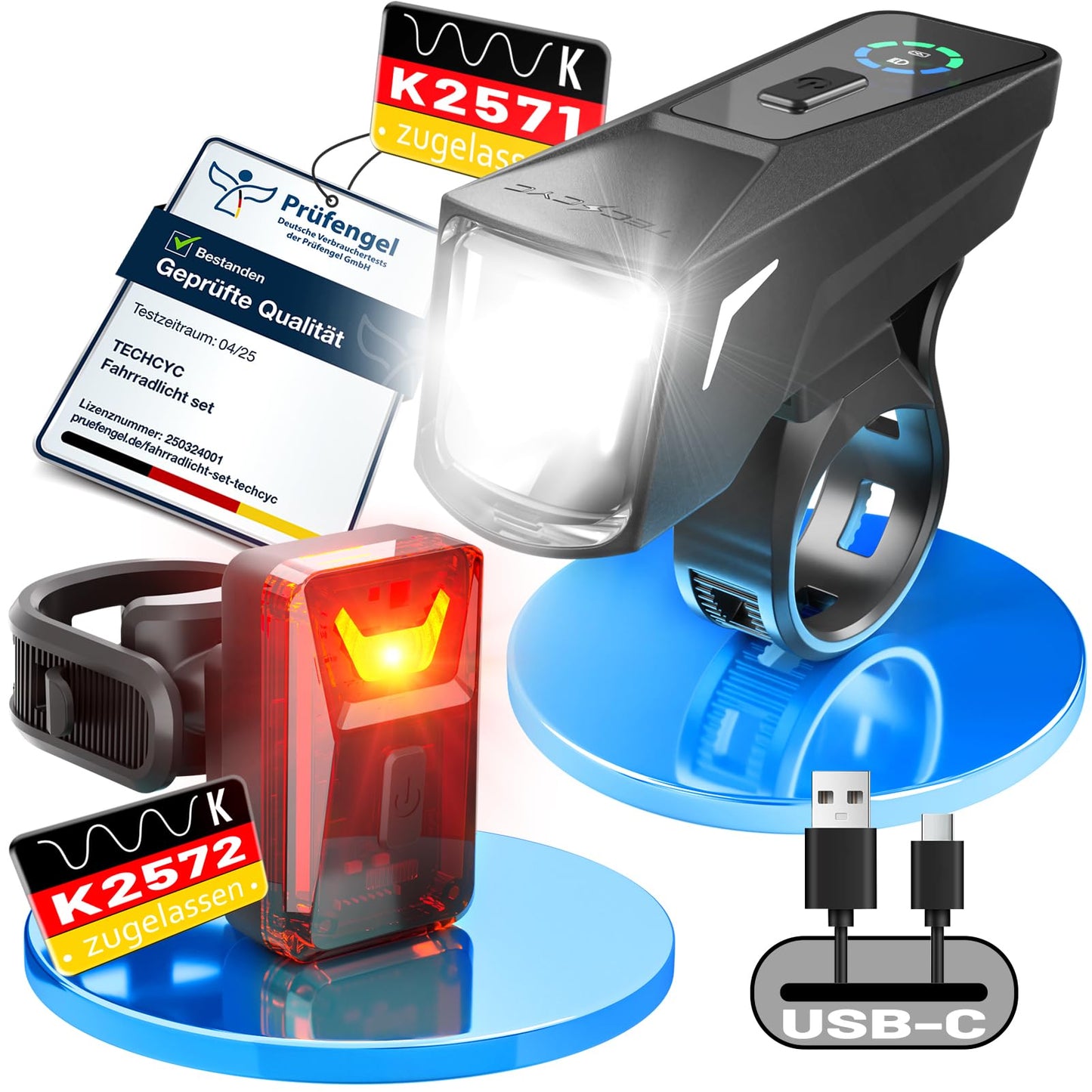 TECHCYC bicycle light set with light sensor, up to 70 lux LED bike lamp, StVZO approved bike lighting, USB rechargeable bike lamp, IPX6, 2500 mAh front bike lights & 300 mAh rear light.