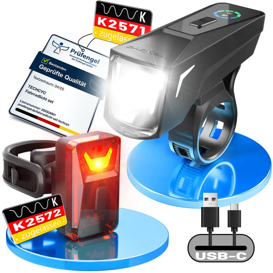 TECHCYC bicycle light set with light sensor, up to 70 lux LED bike lamp, StVZO approved bike lighting, USB rechargeable bike lamp, IPX6, 2500 mAh front bike lights & 300 mAh rear light.