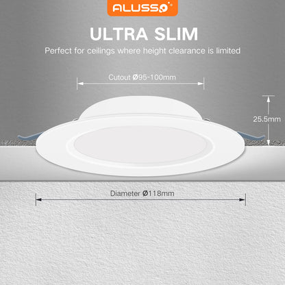 ALUSSO® LED Recessed Spotlight 230V Ultra Flat 6W 420LM LED Bathroom Spots, 3000K Warm White Ceiling Spots IP44 Recessed Lights for Living Room Kitchen, Diameter 118MM, Cutout 95-100MM, Set of 12