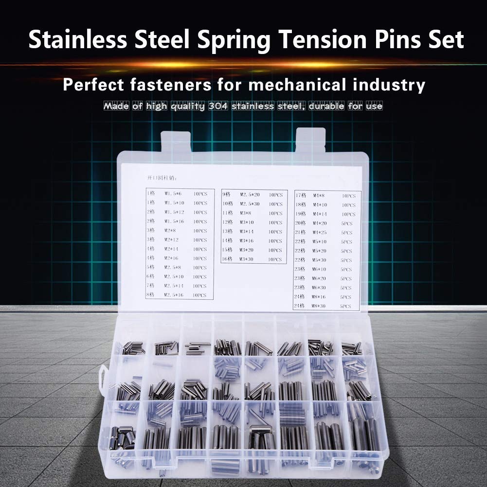 280pcs Tension Pins Split Cotter Pins M1.5 M2 M2.5 M3 M4 M5 M6 M8 Stainless Steel Spring Tension Sleeve Set with Box